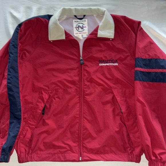 Vintage NAUTICA Competition Spellout Windbreaker Jacket Red w/Navy Stripe Detail - Picture 6 of 16